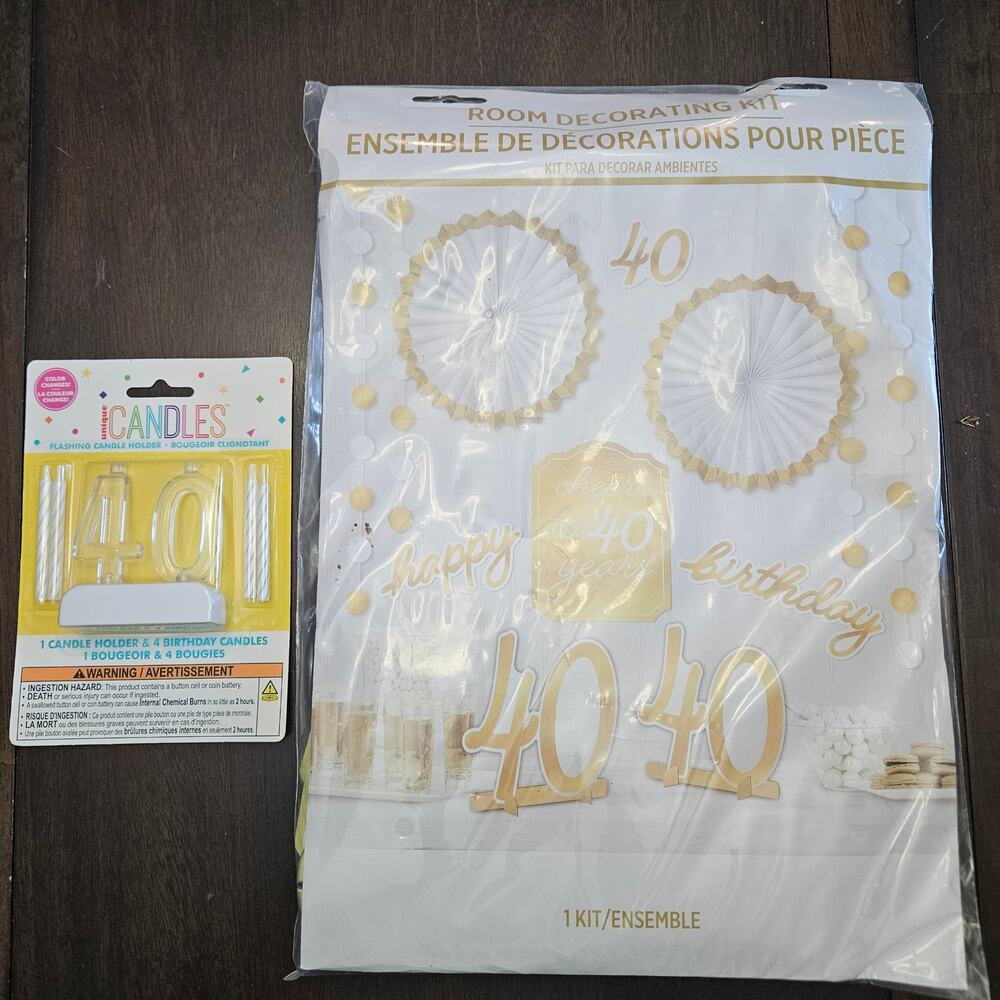 40th Birthday Room Decorating Kit + ICANDLES 40 Candle Set Gold White NEW in Box